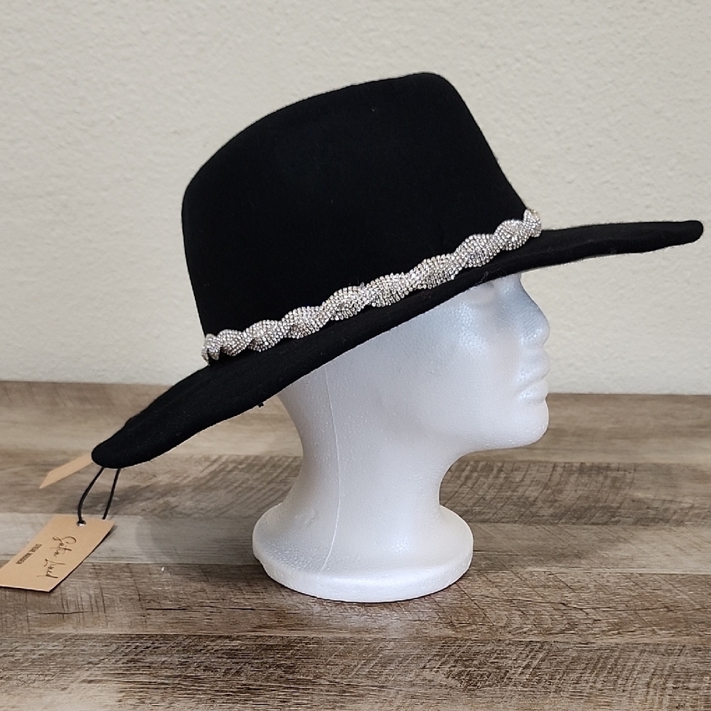 Steve Madden Black Wide-Brim Hat With Rhinestone Belt Accent - Picture 10 of 10